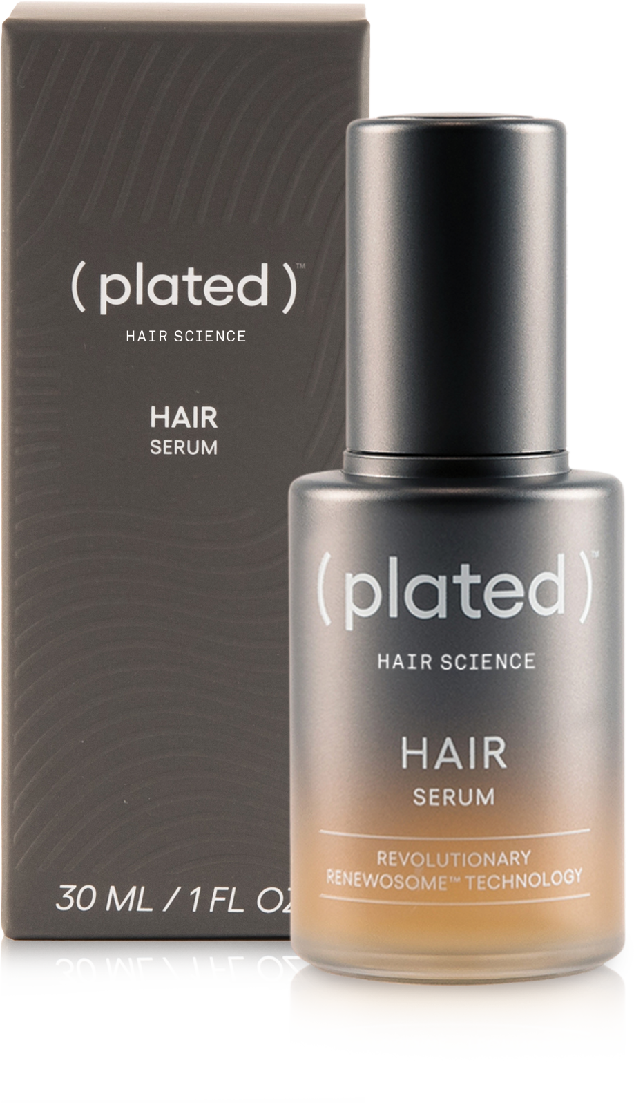 Plated Skin Science Hair Serum bottle with natural ingredients promoting hair growth and shine