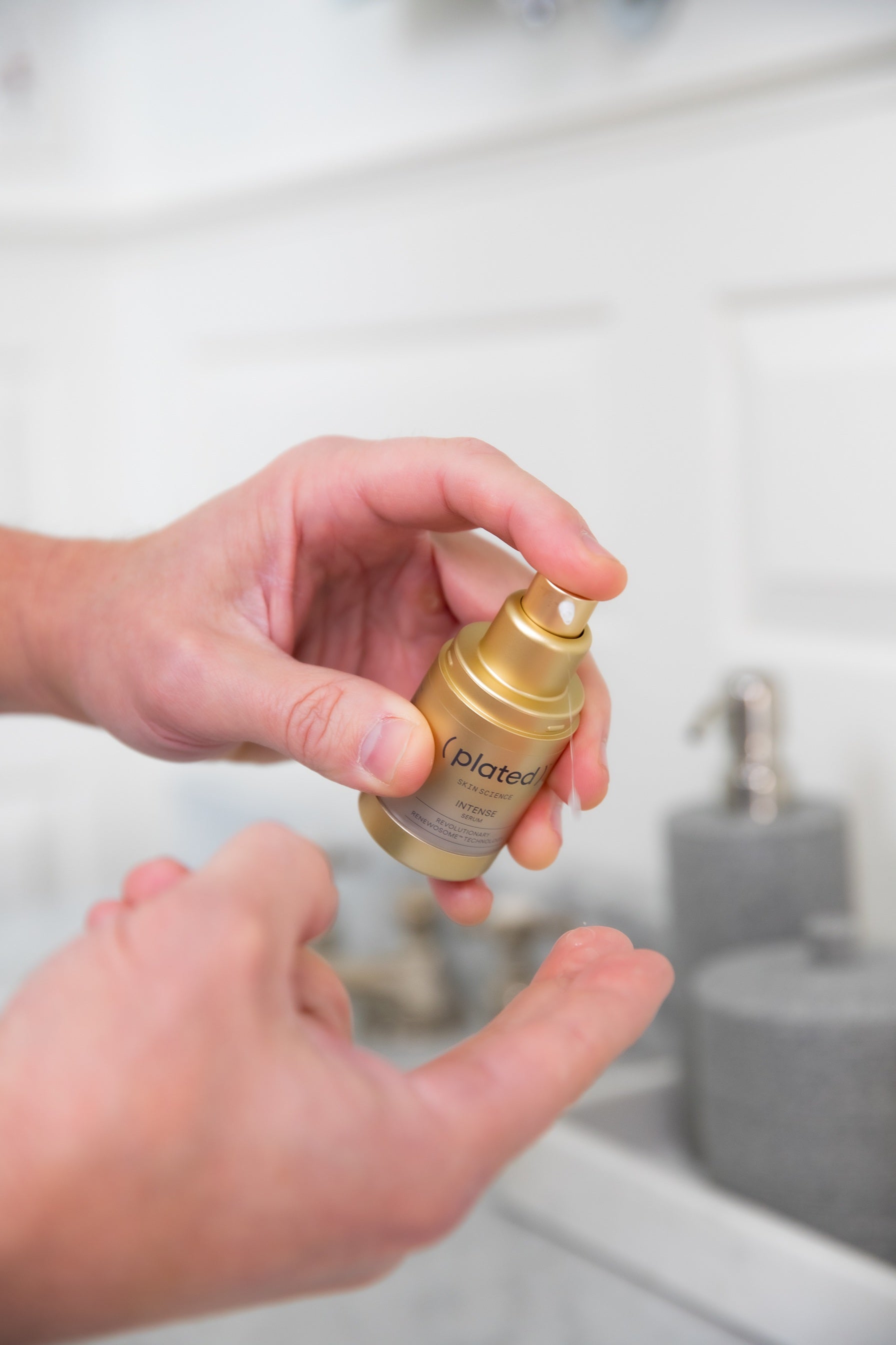 Plated Skin Science Intense Serum bottle with natural ingredients background for skincare and anti-aging