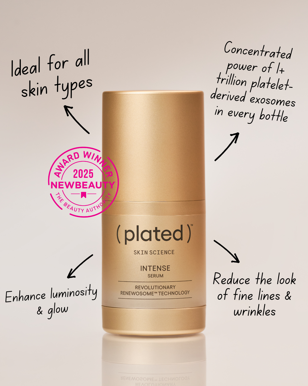 Plated Skin Science Intense Serum bottle with natural ingredients background for skincare and anti-aging